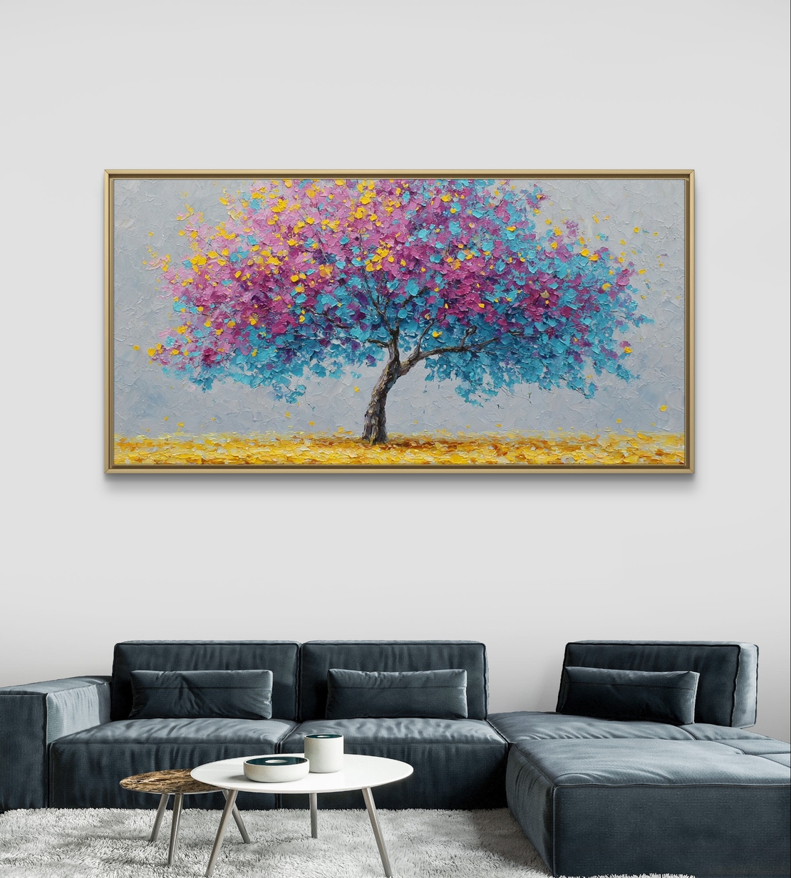 תמונת קנבס לרוחב של עץ פורח בצבעי ורוד ותכלת בסגנון אומנותי לעיצוב הבית