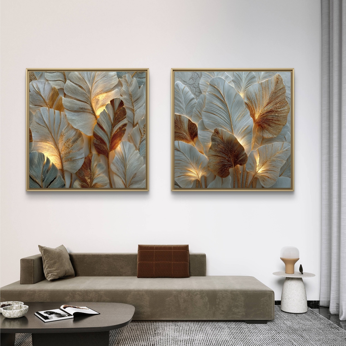 זוג תמונות קנבס עלים זוהרים בגווני פנינה, זהב ושמפניה – דגם SB6302