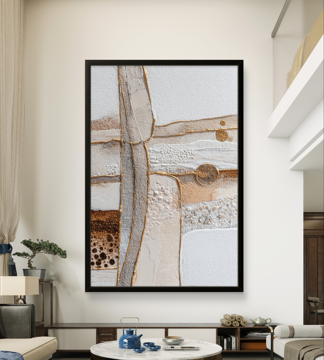 קווים זהובים – תמונת קנבס אבסטרקט טקסטורלית בלבן, בז׳ וזהב | CR6543