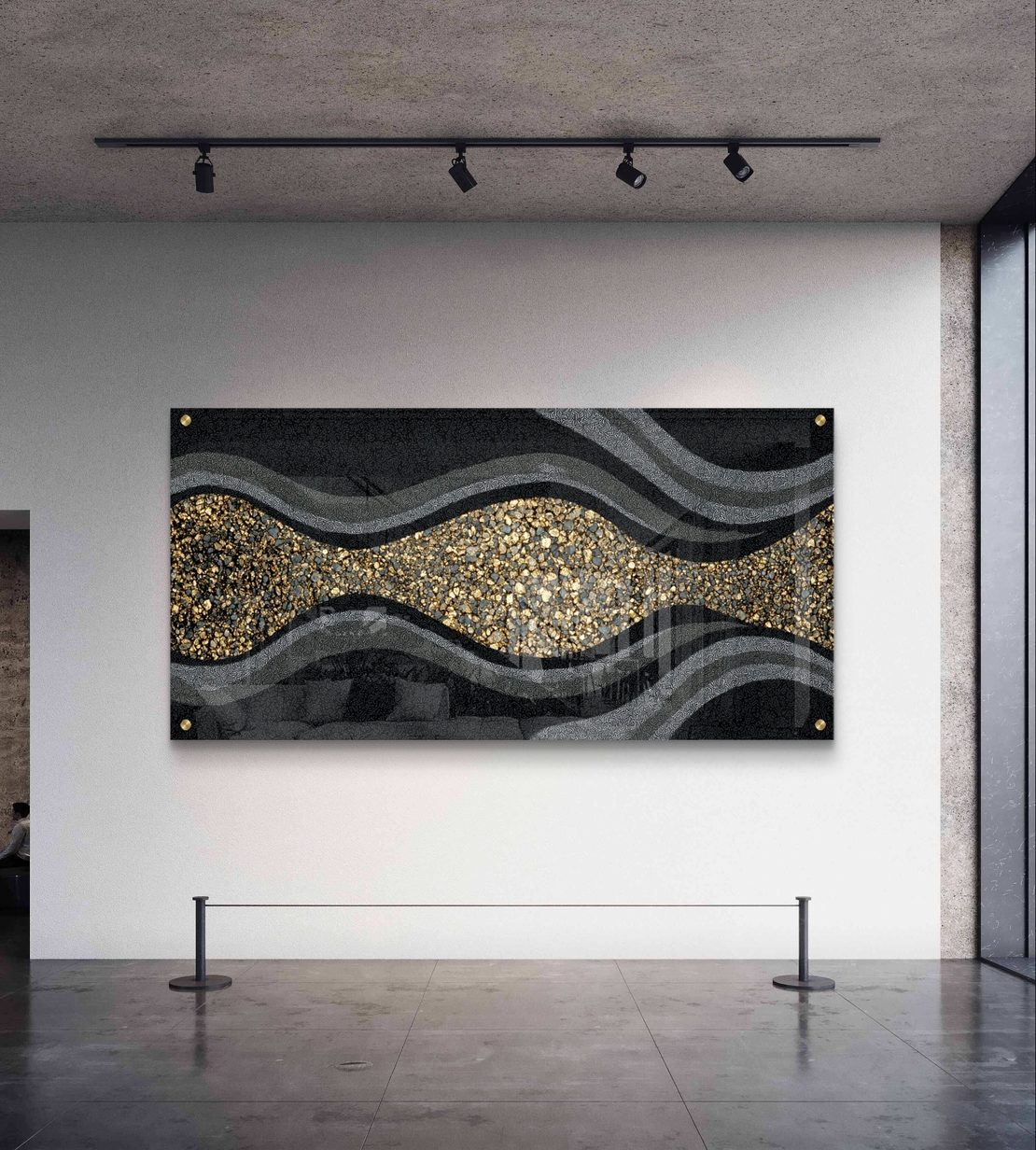 תמונת זכוכית רוחבית בגווני שחור ואפור עם מסלול אבני זהב מעוצב – תכשיט לבית