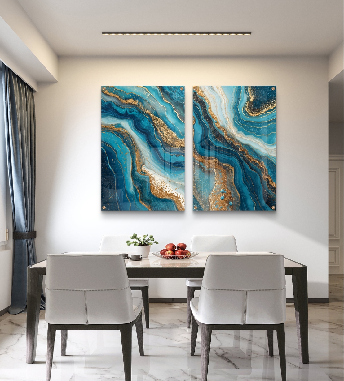 תמונת זכוכית זוגית בעיצוב אבסטרקט בגווני טורקיז, כחול וזהב עם זרימה טבעית