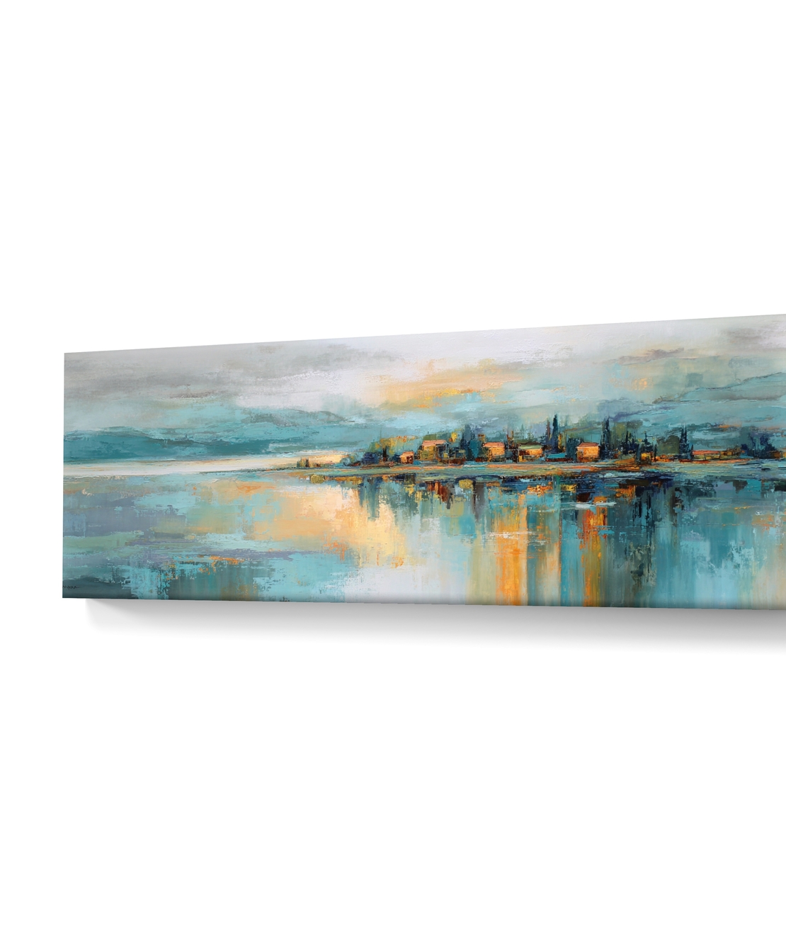 תמונת קנבס פנורמית אבסטרקטית עם קו אופק, השתקפות מים וגווני כחול, תכלת וזהב בעיצוב רגוע ויוקרתי