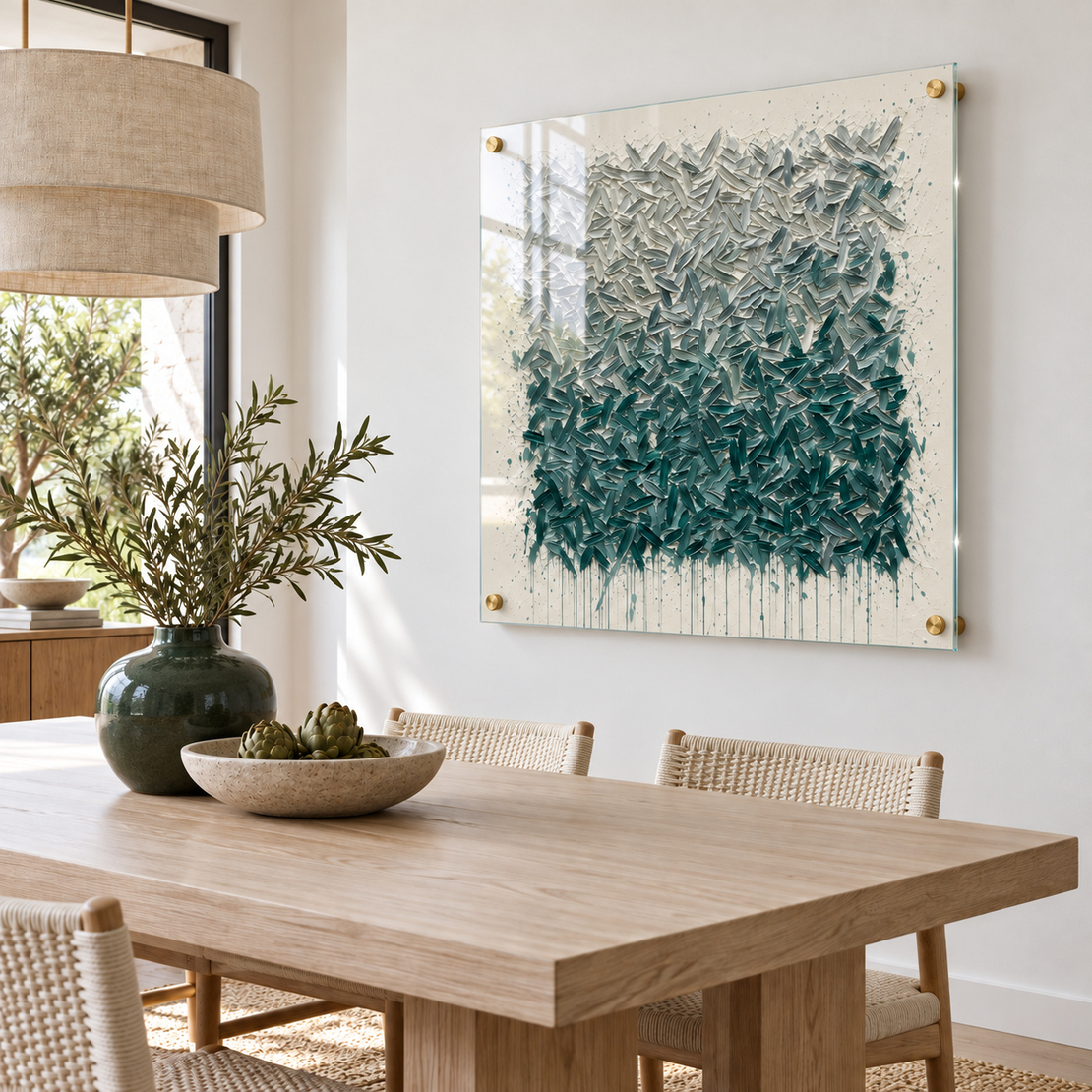 תמונת זכוכית אבסטרקט כחול־ירוק בטקסטורת נקודות צפופה | דגם SG2225