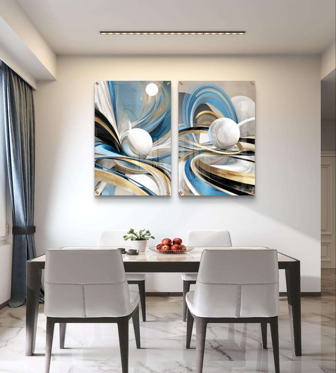 סט תמונות זכוכית זוג בעיצוב אבסטרקטי עם קווים זורמים בגווני כחול, תכלת וזהב וכדורים לבנים תלת מימדיים מעל ספה מודרנית.