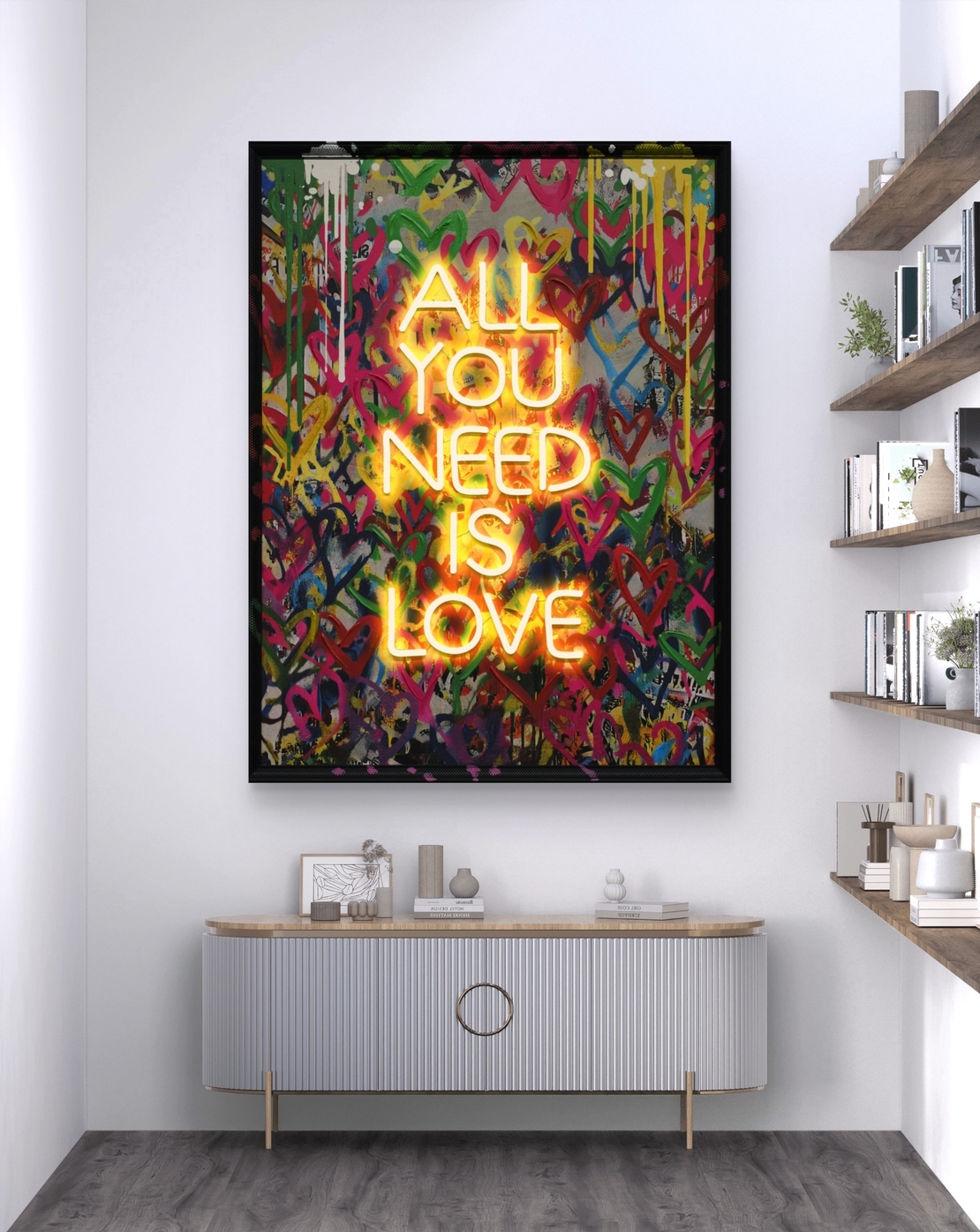 תמונת גרפיטי ALL YOU NEED IS LOVE מוארת עם שלט רחוק וסוללות – אמנות LED דגם LED1010--מידה 63*83 ס
