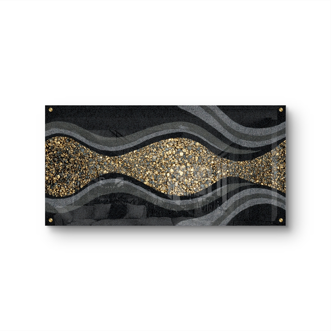 תמונת זכוכית רוחבית בגווני שחור ואפור עם מסלול אבני זהב מעוצב – תכשיט לבית