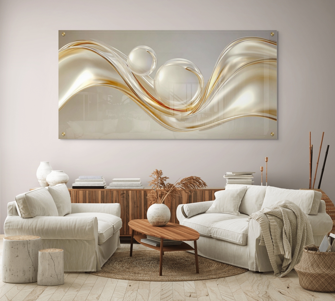 תמונת זכוכית לרוחב עם גלים מוזהבים ואלמנטים עגולים בעיצוב מודרני ויוקרתי מתוך קולקציית תכשיט לבית.