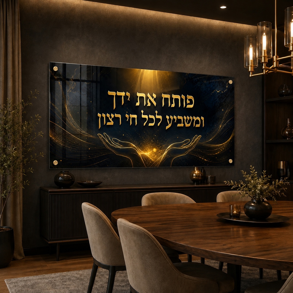 אור השפע שחור זהב – תמונת זכוכית לרוחב פותח את ידך לסלון | RG4063
