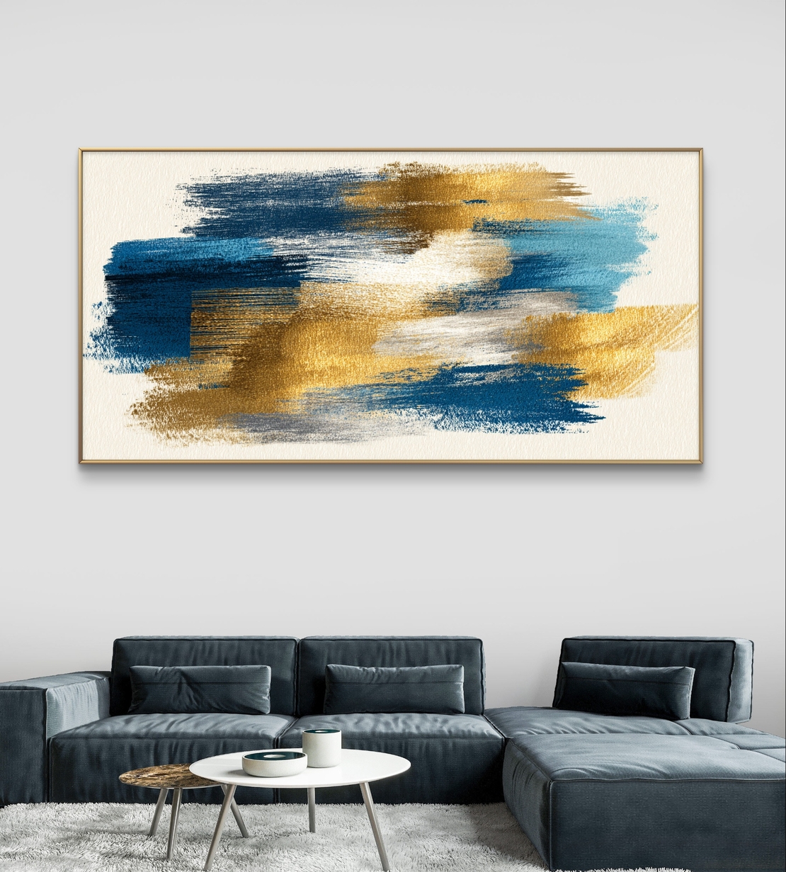 תמונת קנבס מופשטת לרוחב עם משיכות צבע בכחול וזהב – תכשיט לבית