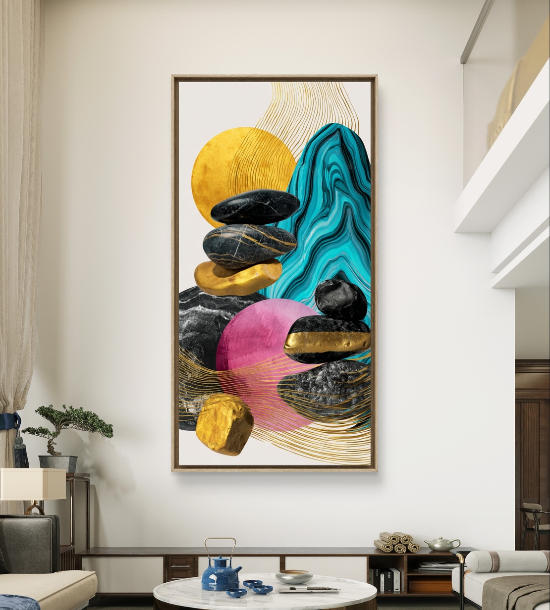 תמונת קנבס אנכית עם אבנים שחורות, טורקיז ונגיעות זהב.