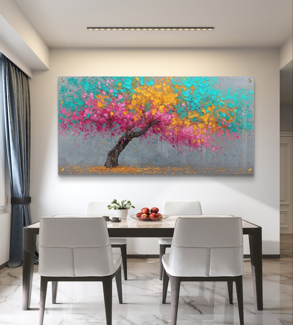 תמונת זכוכית לרוחב עם עץ צבעוני בגווני ורוד טורקיז וצהוב בעיצוב מודרני לסלון
