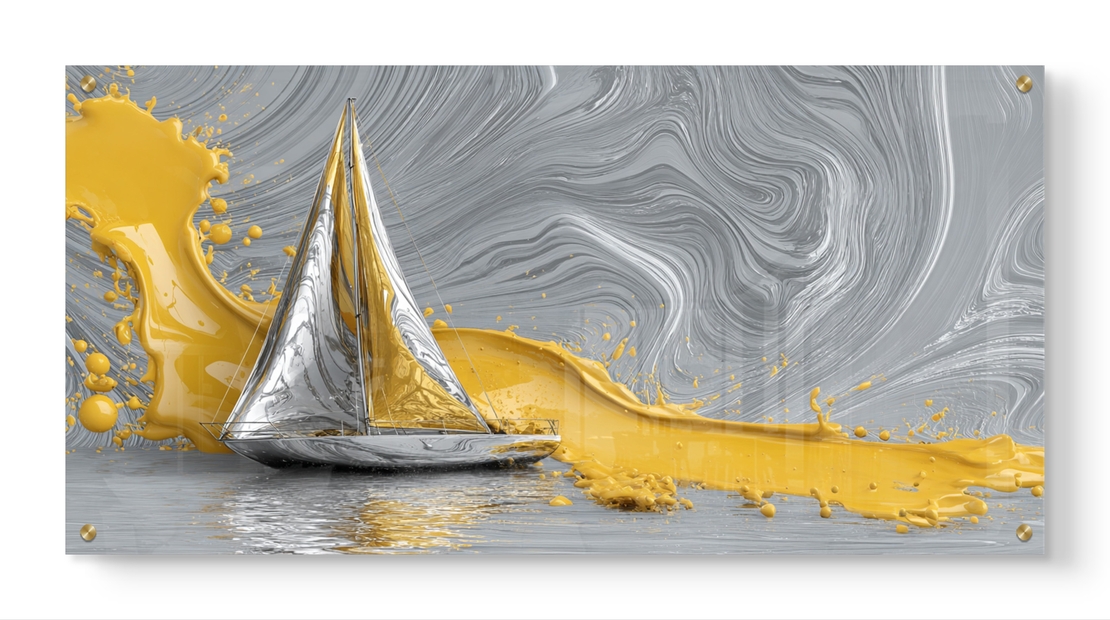 תמונת זכוכית מודרנית עם סירת מפרש כסופה וזרימות צבע זהב על רקע אפור, בעיצוב יוקרתי ובהדפסה חלקה ומבריקה.