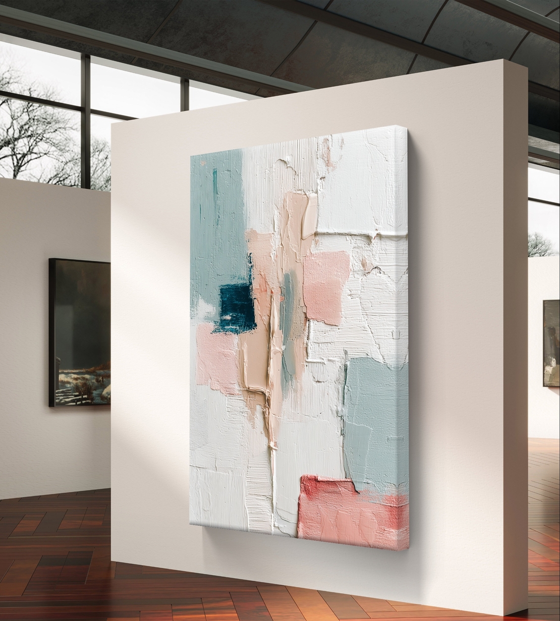 תמונת קנבס אבסטרקטית בגווני פודרה ותכלת עם מרקם עדין ועיצוב מודרני