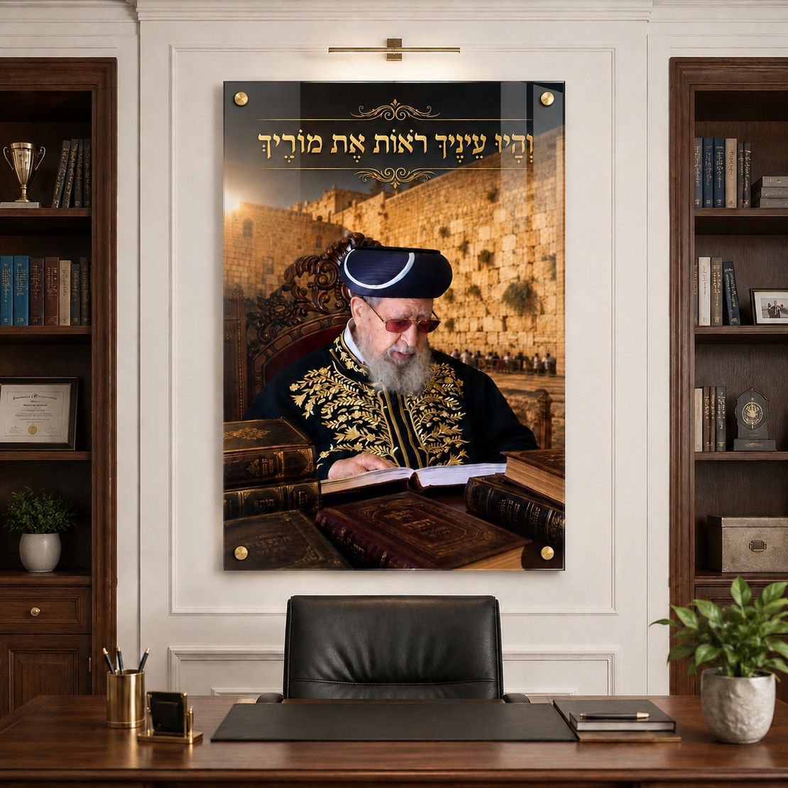 והיו עיניך רואות את מוריך – תמונת זכוכית רבנית עם ספייסרים מוזהבים | RG451