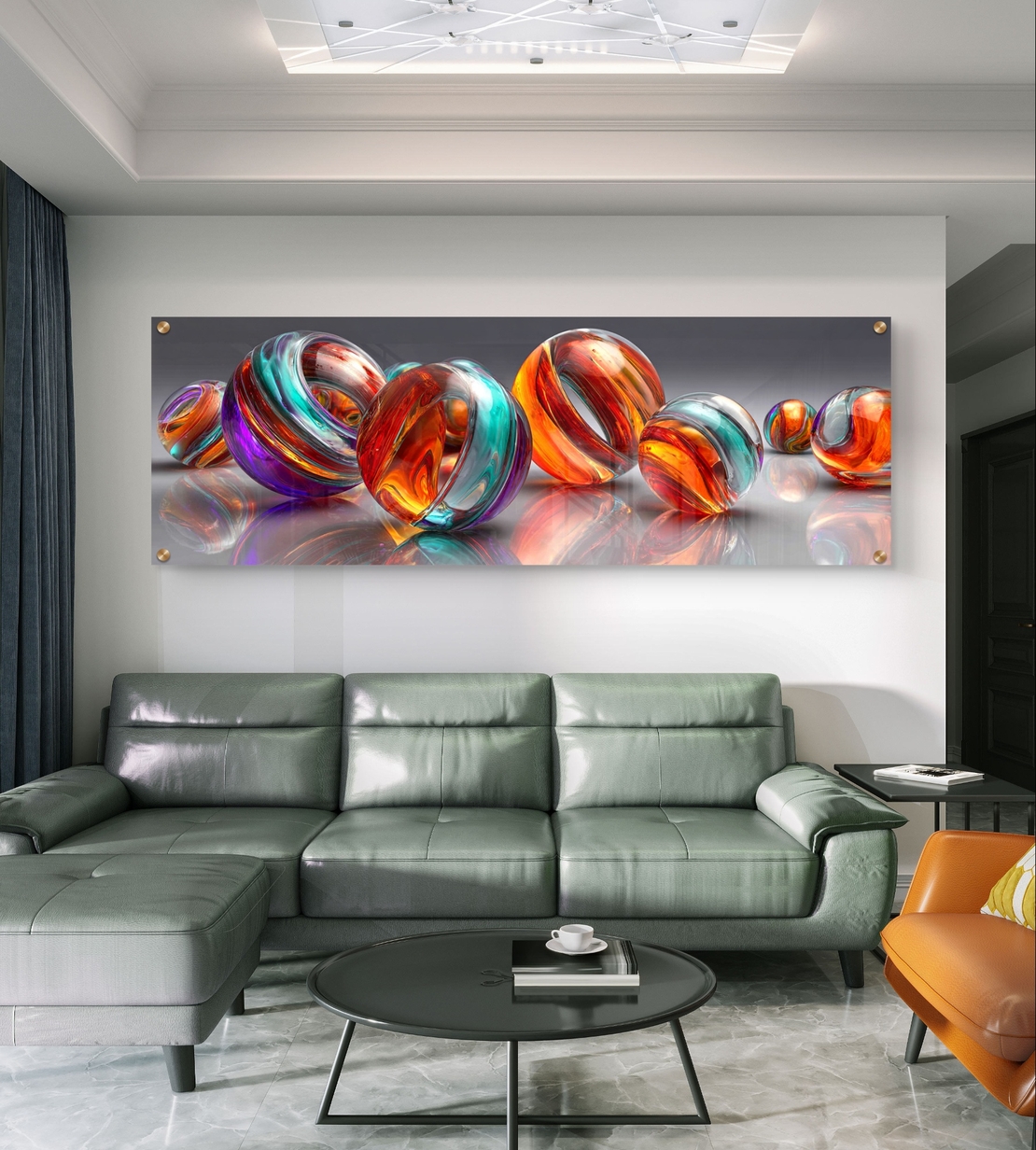 תמונת זכוכית פנורמית אבסטרקטית עם אלמנטים צבעוניים מבריקים בגווני כתום, טורקיז וסגול בעיצוב מודרני ויוקרתי