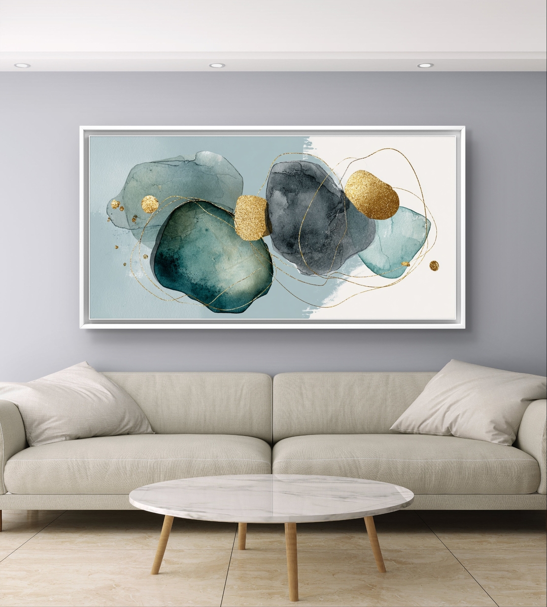 תמונת קנבס לרוחב בסגנון אקוורל בגווני טורקיז אפור וכחול עם נגיעות זהב עדינות – תכשיט לבית