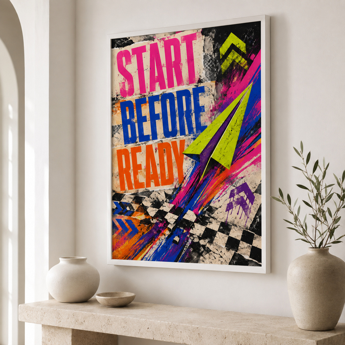 תמונת קנבס מוטיבציה START BEFORE READY עם מטוס נייר | דגם MT395
