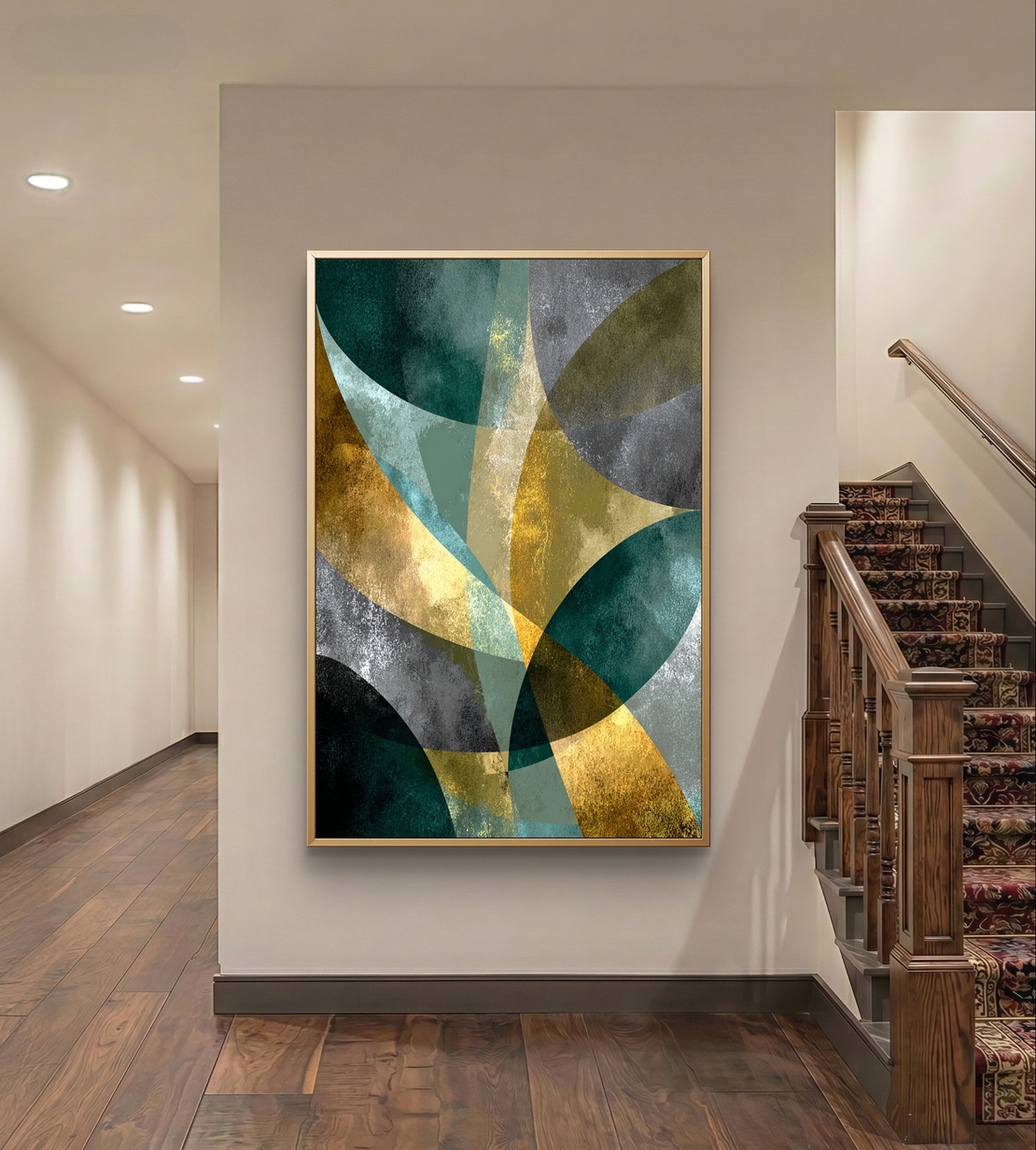 קימורים בטורקיז וזהב – תמונת קנבס אבסטרקט גיאומטרית בגווני ירוק, זהב ואפור | DC4471
