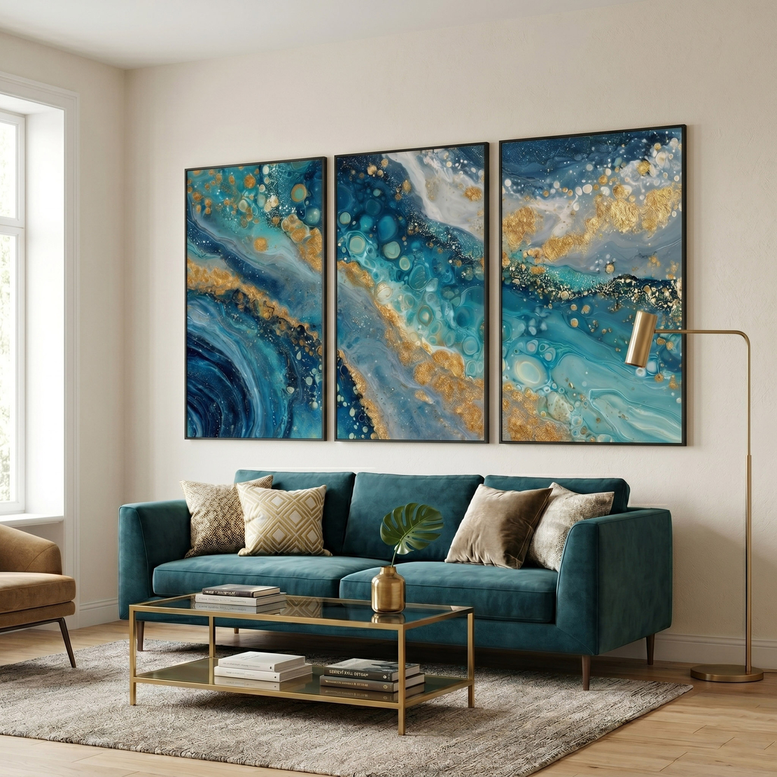 שלשת תמונות קנבס אבסטרקטיות בגווני טורקיז, כחול וזהב – דגם TA1361