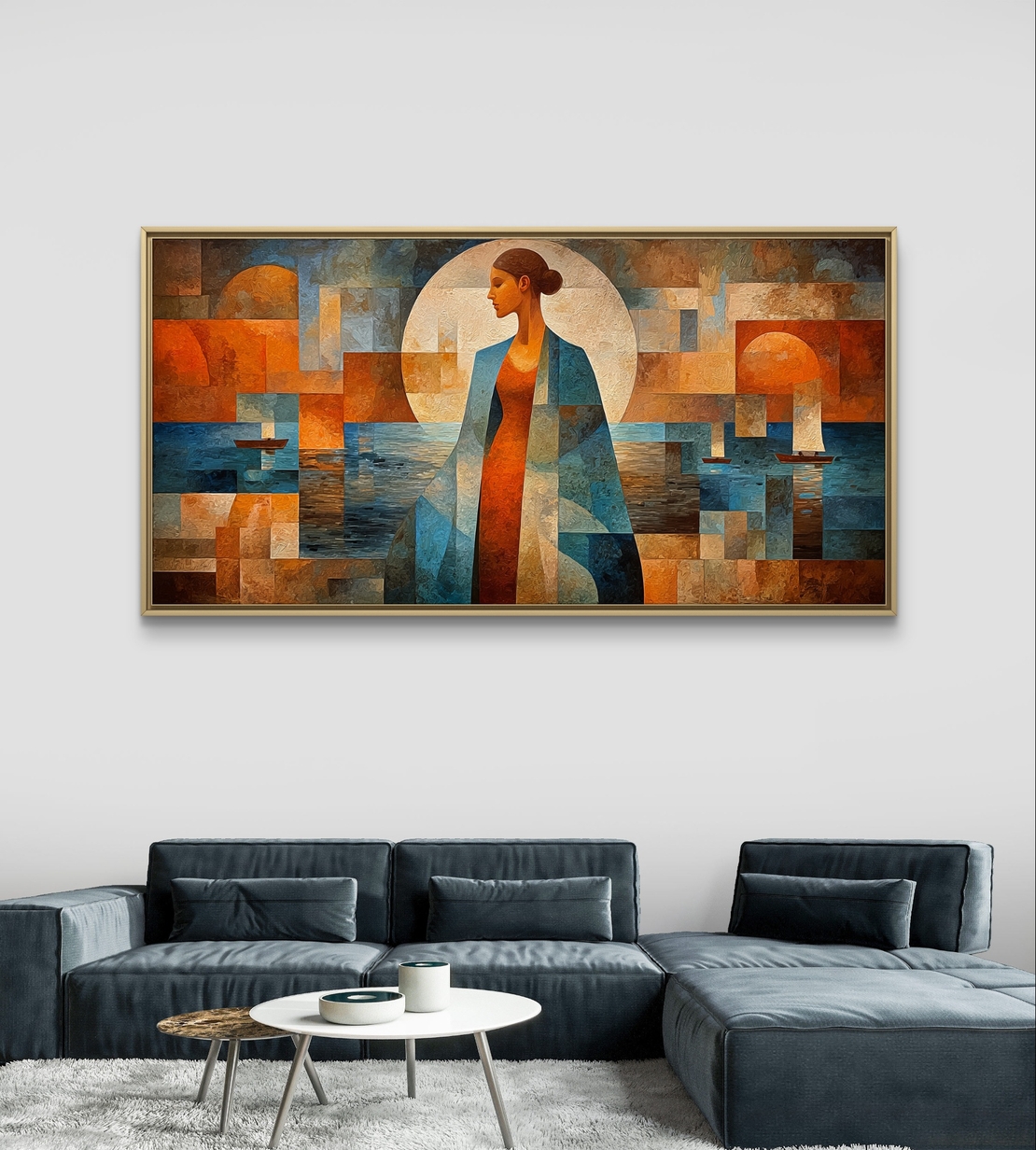 תמונת קנבס לרוחב עם דמות נשית אבסטרקטית בגווני כחול וכתום בעיצוב אומנותי מודרני לסלון