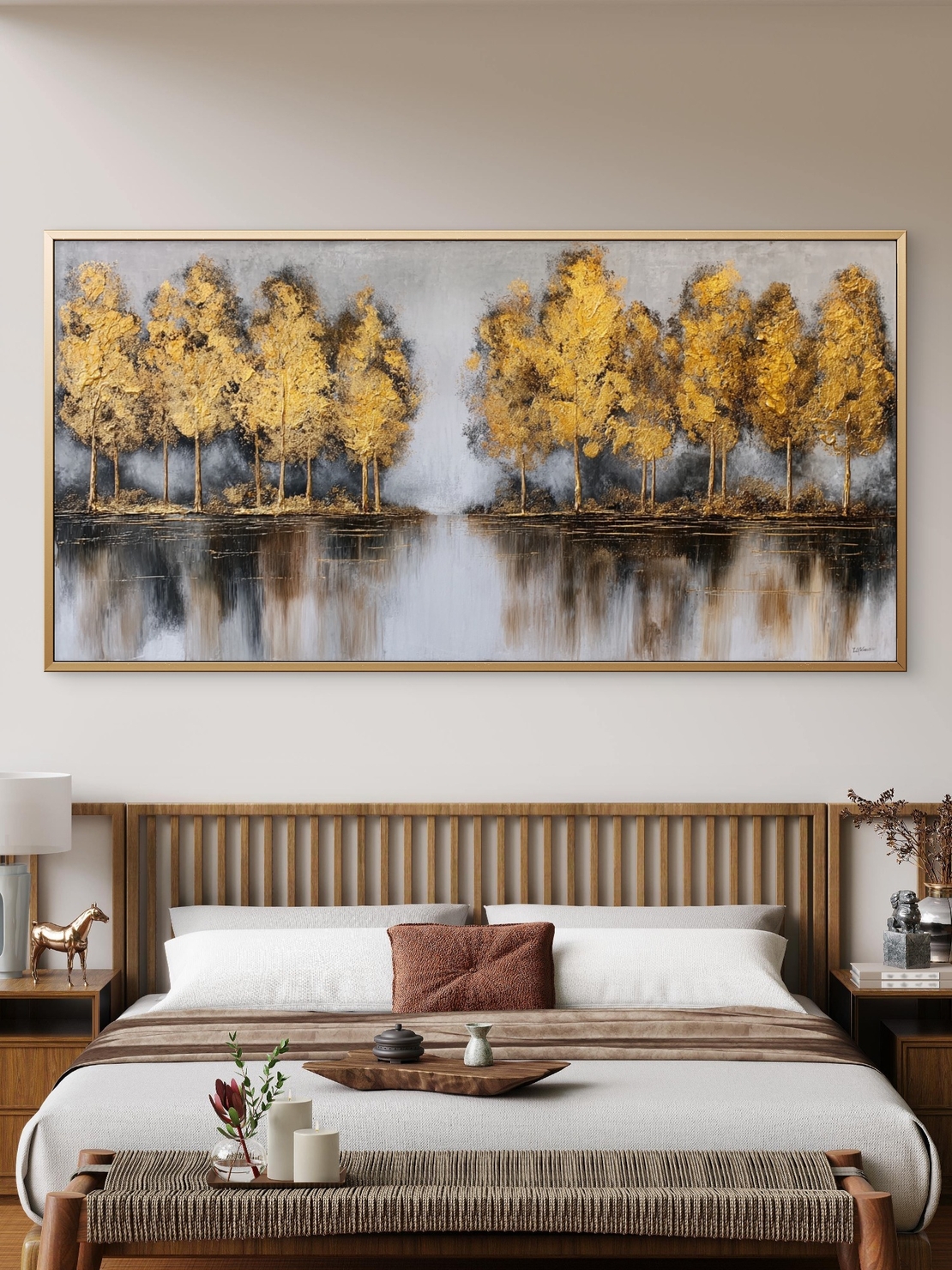 תמונת קנבס של יער עצים זהובים עם השתקפות במים בסגנון מודרני