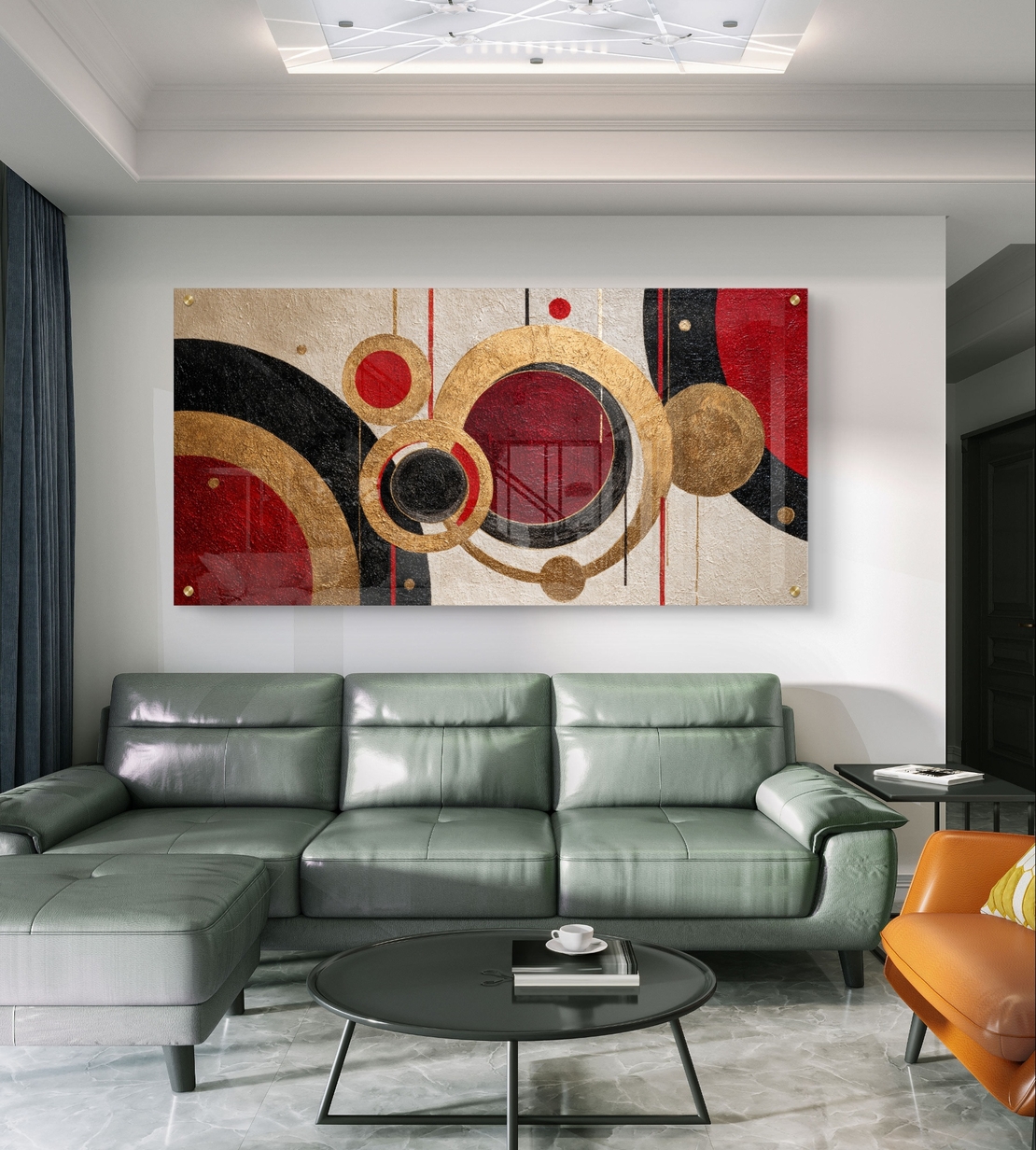 תמונת זכוכית לרוחב בעיצוב גאומטרי עם מעגלים בגווני זהב, אדום ושחור – תכשיט לבית