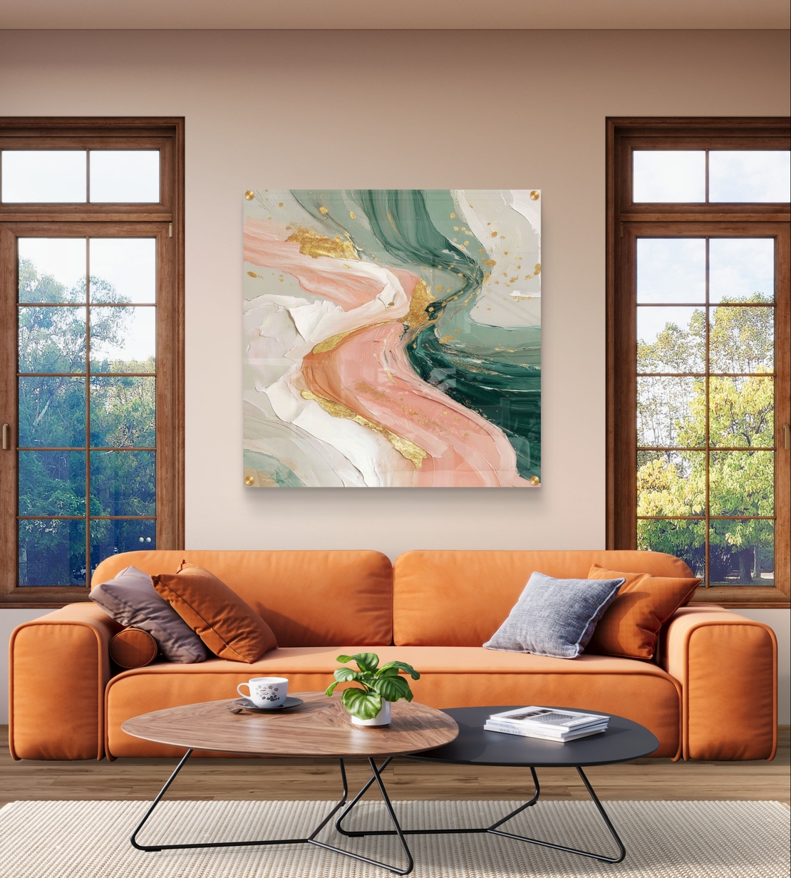 תמונת זכוכית אבסטרקטית מרובעת בגווני ירוק מרווה ורוד עם נגיעות זהב בעיצוב יוקרתי