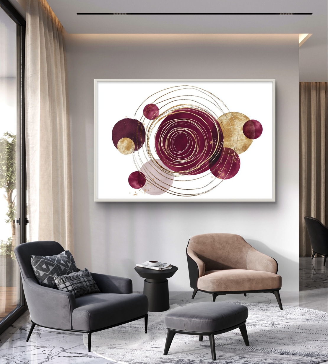 מעגלים גיאומטריים בבורדו וזהב – תמונת קנבס אבסטרקטית מודרנית | CP4522