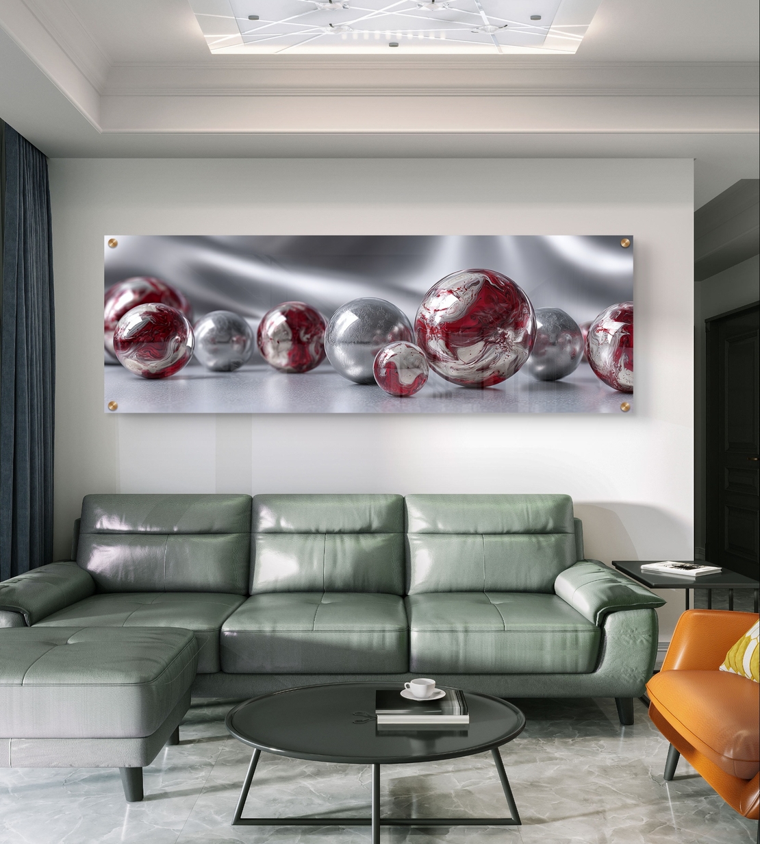 תמונת זכוכית פנורמית עם כדורים מבריקים בגווני כסף ואדום בעיצוב מודרני ויוקרתי