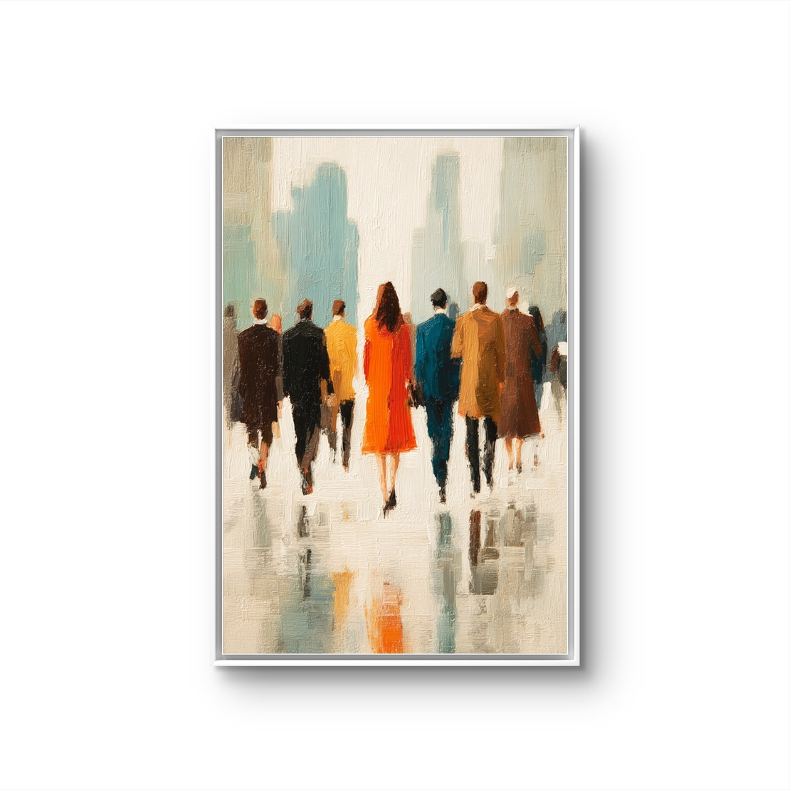 תמונה אנכית לקיר של סצנה עירונית אלגנטית בגוונים בהירים וכתום מודגש