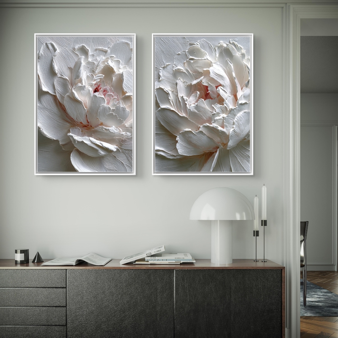 זוג תמונות קנבס אדמוניות לבנות דמוי תבליט עדין – דגם TL8553