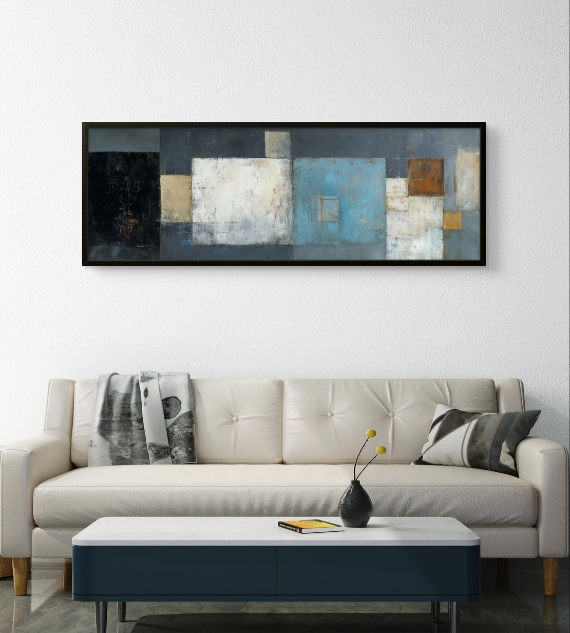 ריבועים שקטים – תמונת קנבס פנורמית אבסטרקטית בגווני כחול, לבן, אפור וזהב | CT4672