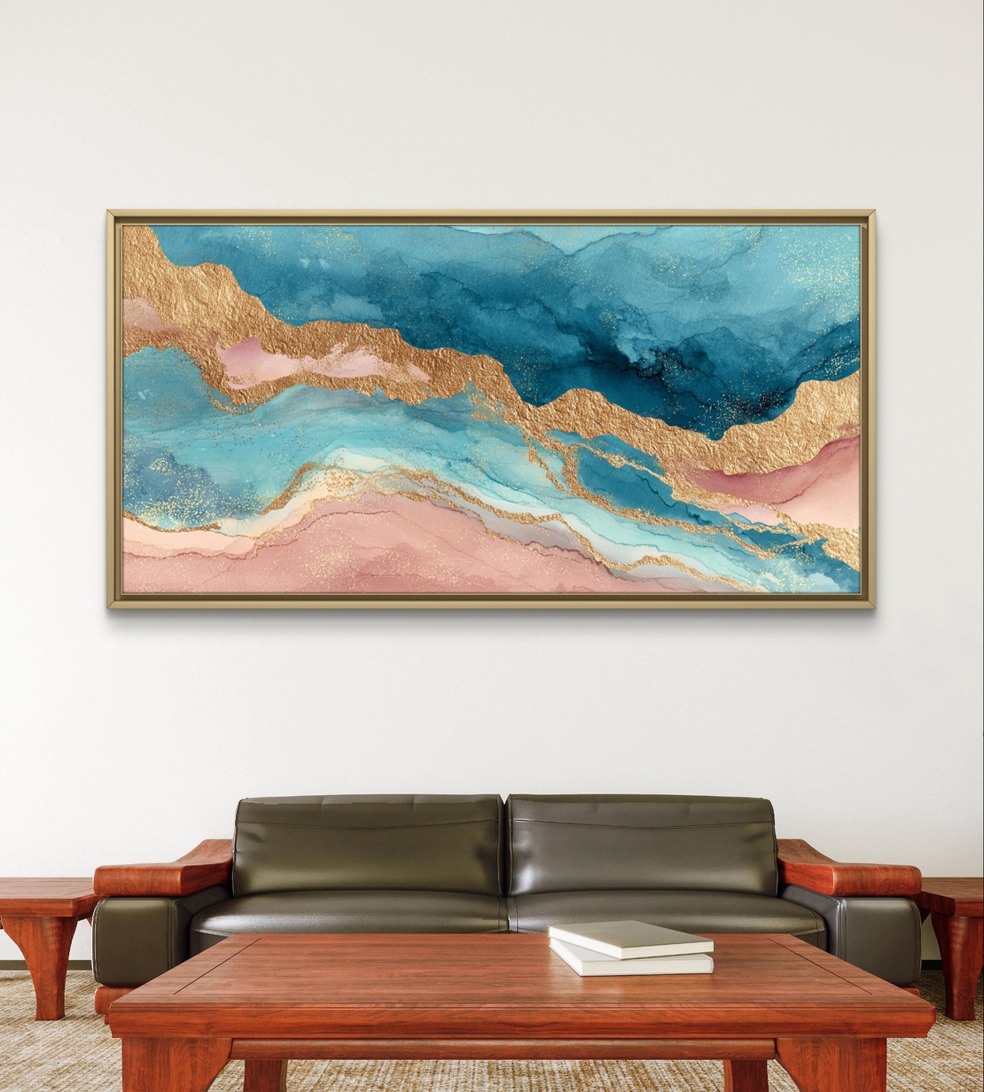 תמונת קנבס לרוחב בעיצוב אבסטרקטי עם זרימה בגווני תכלת, ורוד וקווים זהובים