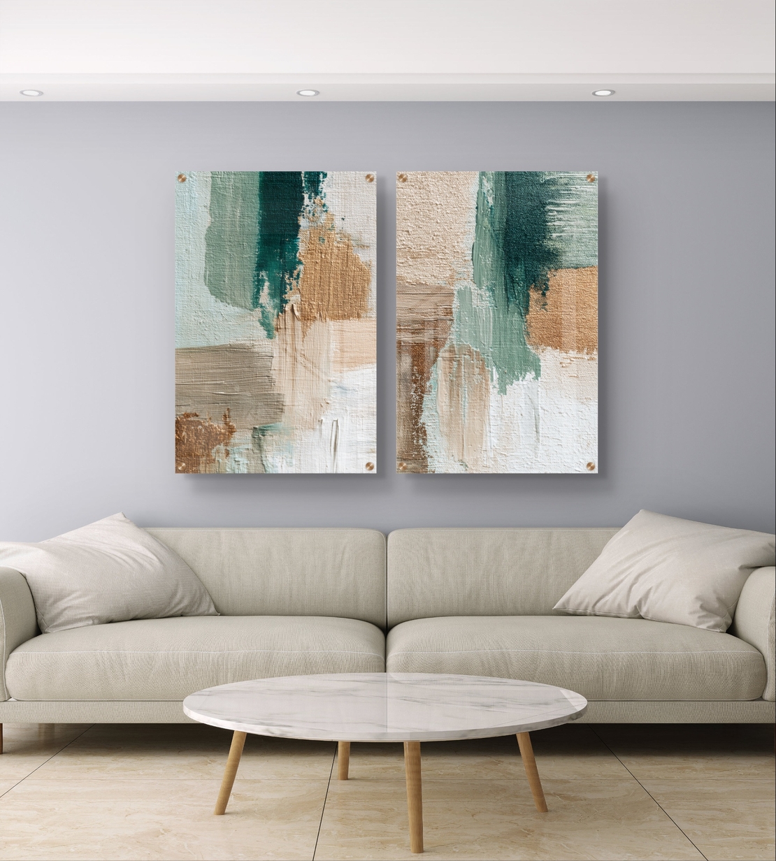 סט תמונות זכוכית זוגי אבסטרקטי בגווני בז’ וירקרק בעיצוב מודרני ורגוע