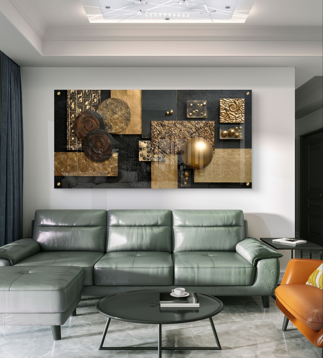 תמונת זכוכית אבסטרקטית לרוחב בעיצוב גאומטרי יוקרתי בגווני זהב ושחור עם טקסטורות עמוקות