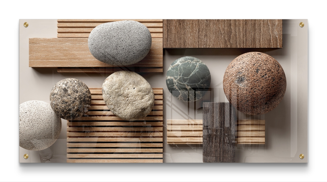 תמונת זכוכית לרוחב עם אבנים טבעיות וטקסטורת עץ בעיצוב מינימליסטי רגוע