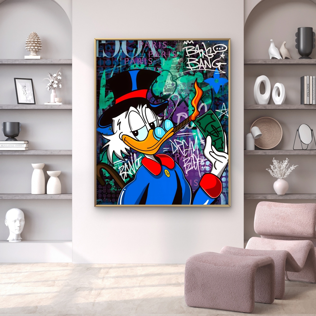 תמונת קנבס בסגנון גרפיטי צבעוני עם דונלד דאק מחזיק שטר בוער – NEXTGEN BY BAR