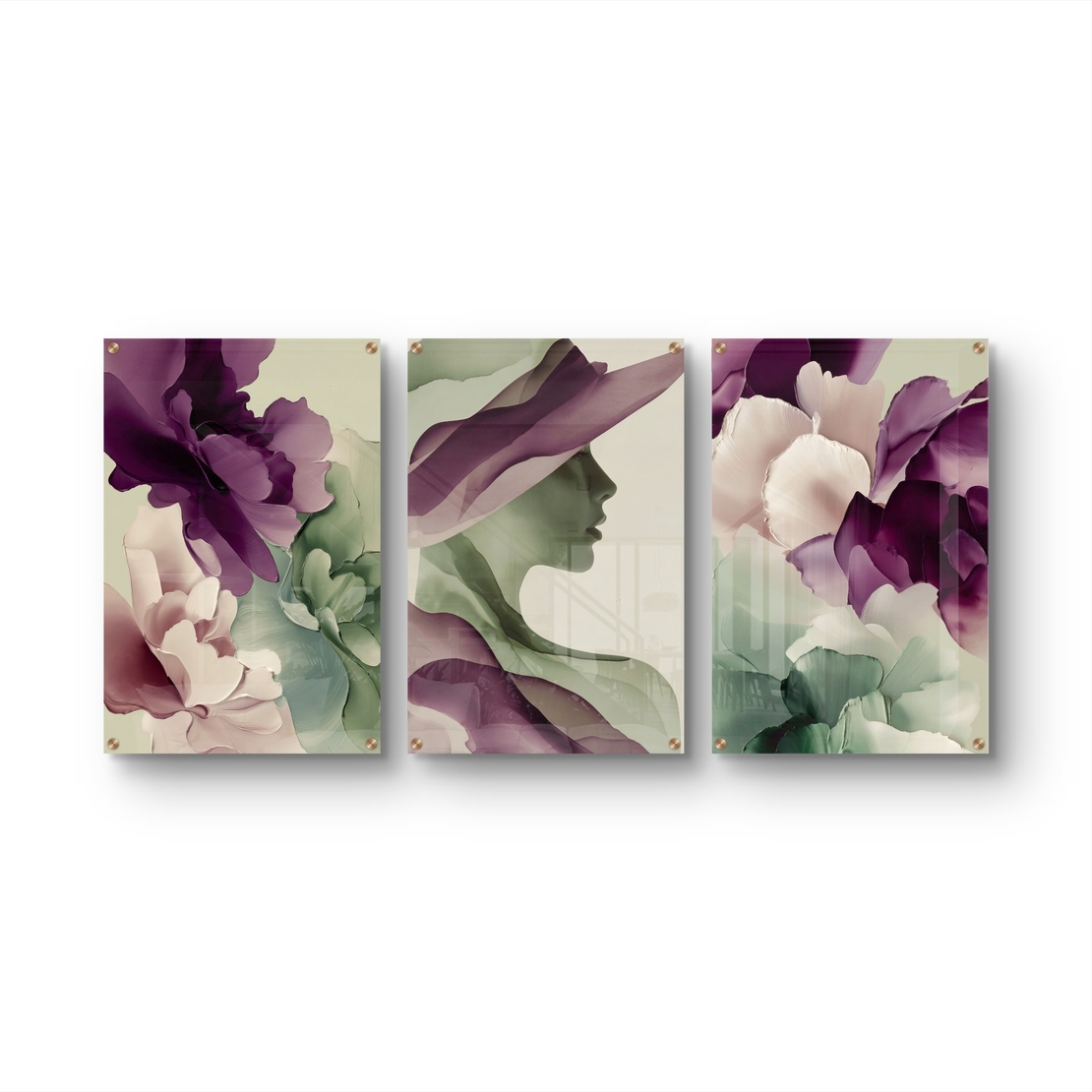 שלישיית תמונות זכוכית אבסטרקטיות עם פרחים וצללית נשית בגווני סגול וירוק בעיצוב מודרני ועדין
