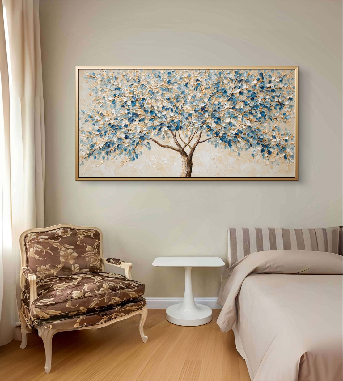 אמנות קיר מודרנית של עץ פורח בגוונים רגועים