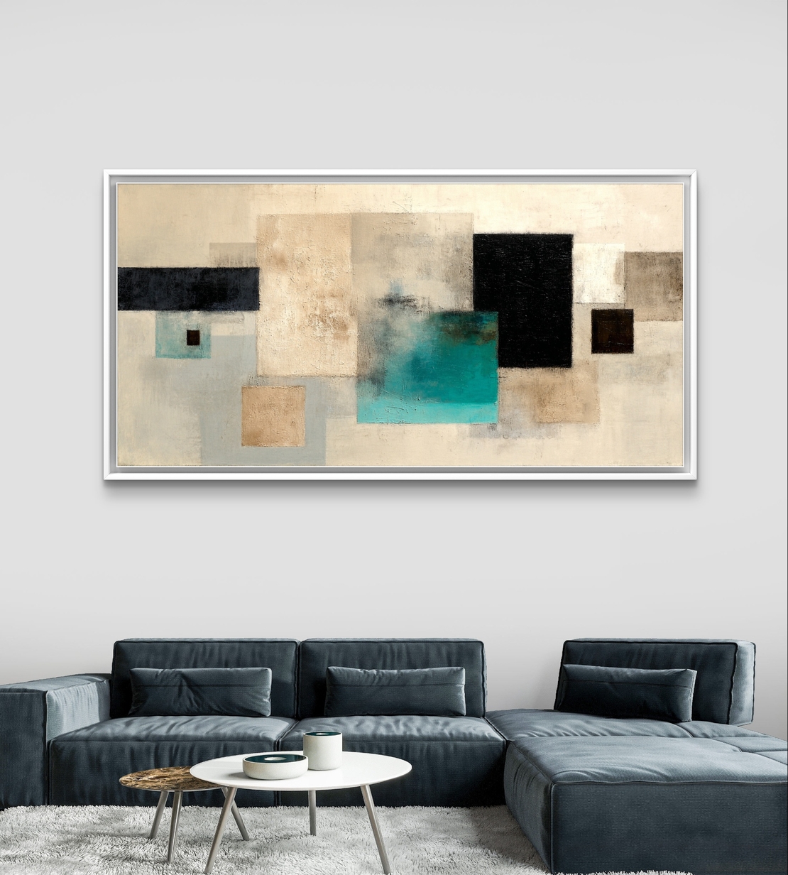 תמונת קיר מינימליסטית עם שכבות ריבועים ומלבנים בגווני ניטרל ושחור, אקסנט טורקיז עדין