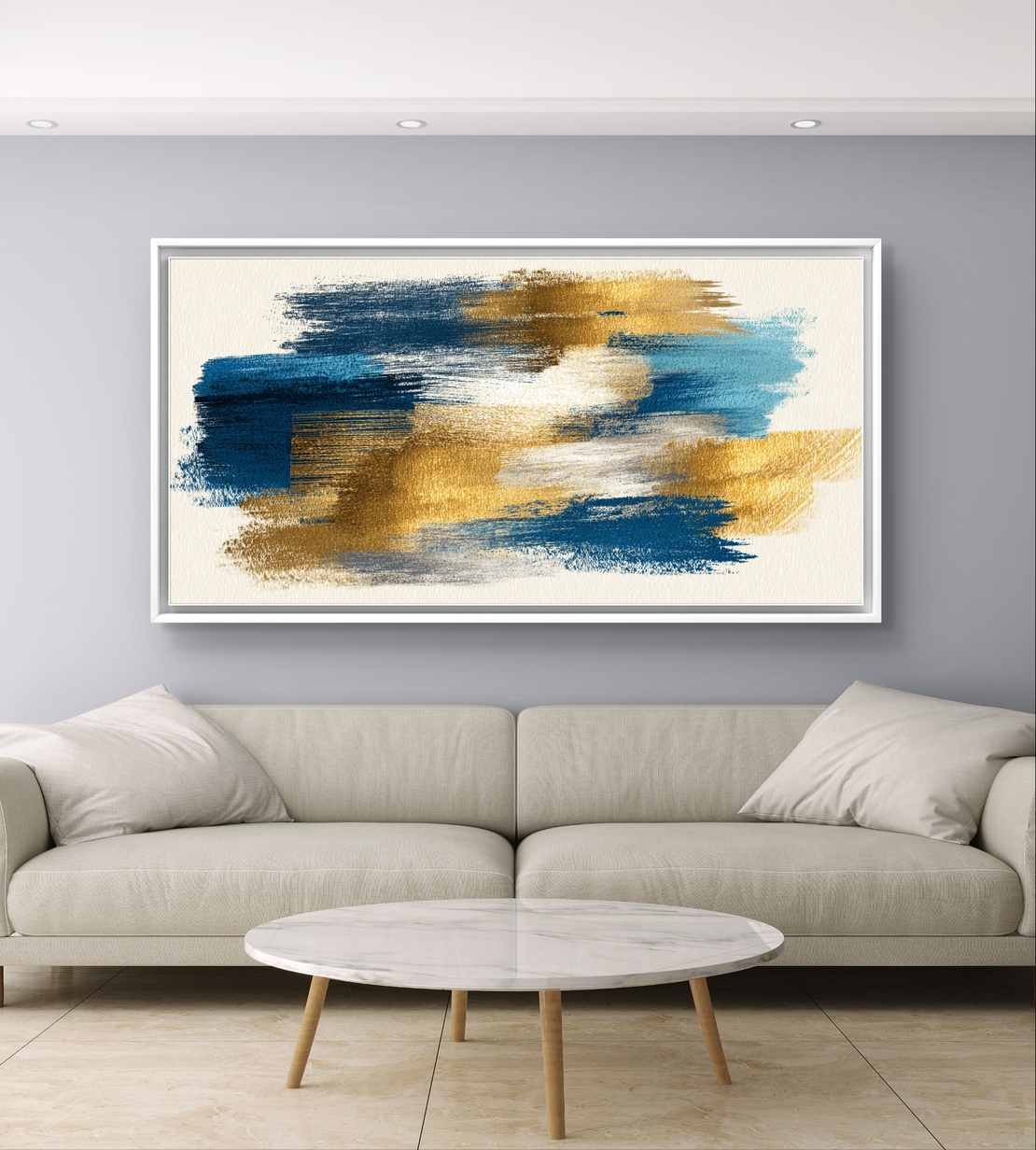 תמונת קנבס מופשטת לרוחב עם משיכות צבע בכחול וזהב – תכשיט לבית
