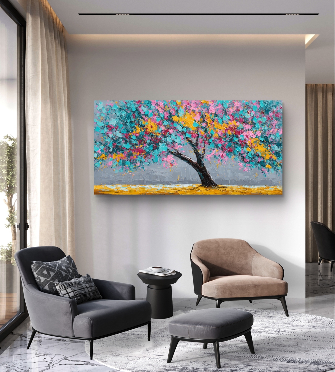 תמונת קנבס של עץ צבעוני עם פריחה בגווני טורקיז, ורוד וצהוב
