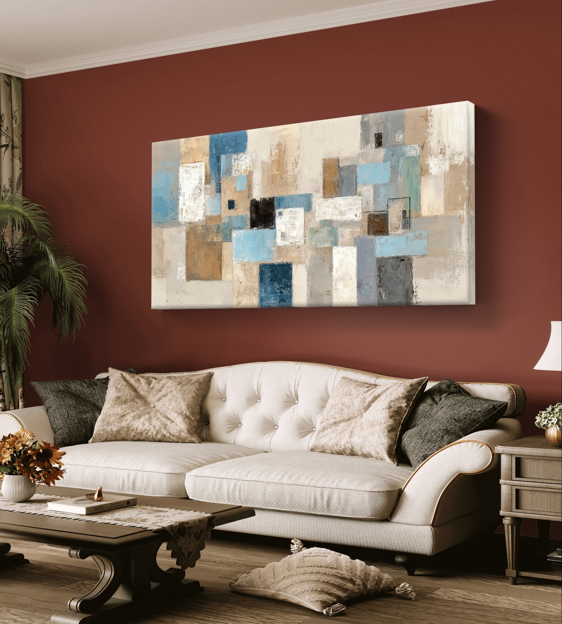 תמונת קנבס לרוחב בעיצוב אבסטרקטי גאומטרי בגווני תכלת, אפור ושמנת לסלון מודרני