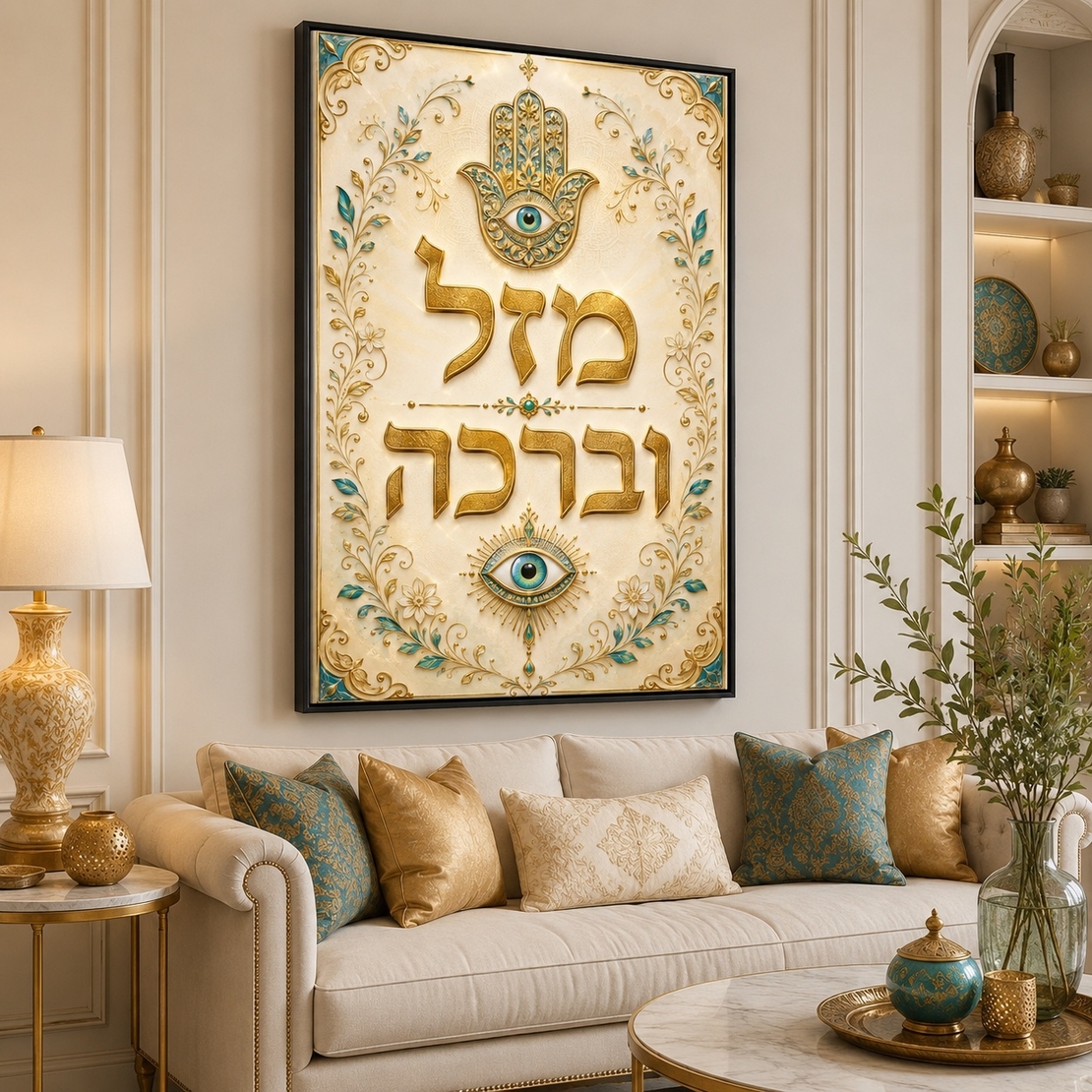 מזל וברכה – תמונת קנבס חמסה זהב וטורקיז לבית | RB452