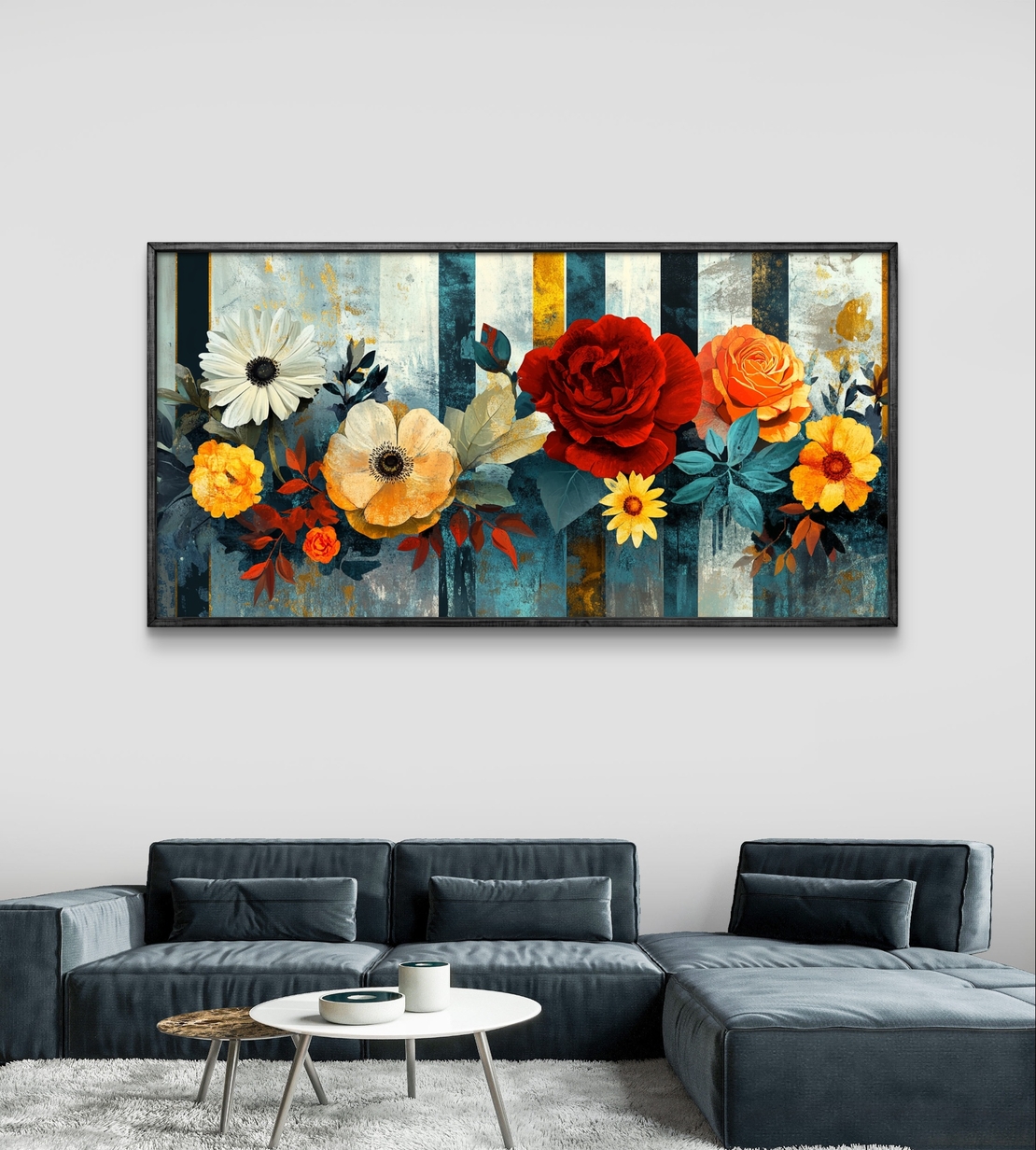 תמונת קנבס לרוחב עם פרחים צבעוניים בגווני אדום, כתום ושמנת על רקע מודרני בגווני כחול וזהב.