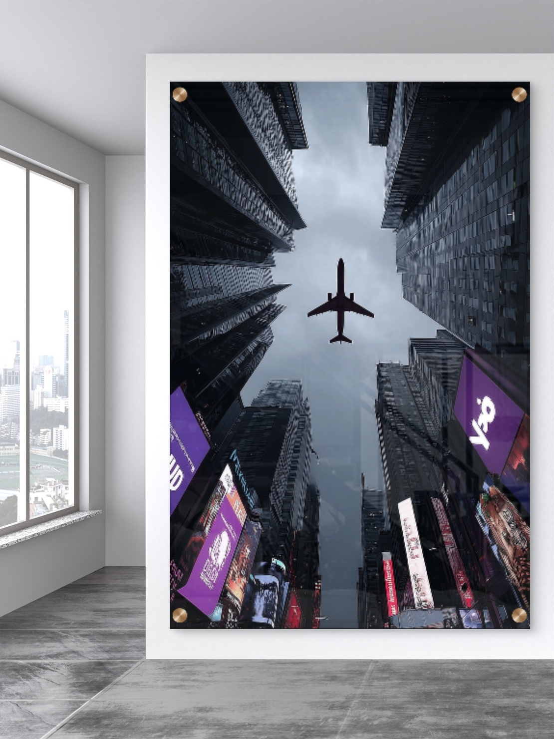 תמונת זכוכית של מטוס חולף מעל גורדי שחקים במראה אורבני דרמטי – NEXTGEN BY BAR