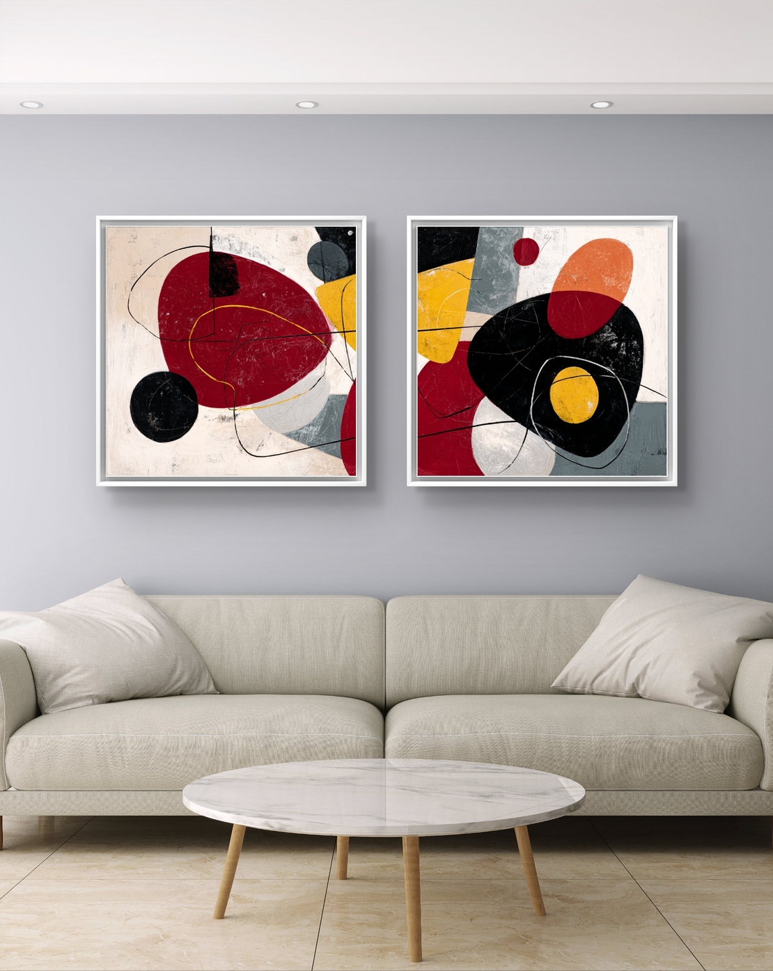 זוג תמונות קנבס מרובעות בסגנון אבסטרקט מודרני בגווני אדום, שחור וצהוב – תכשיט לבית