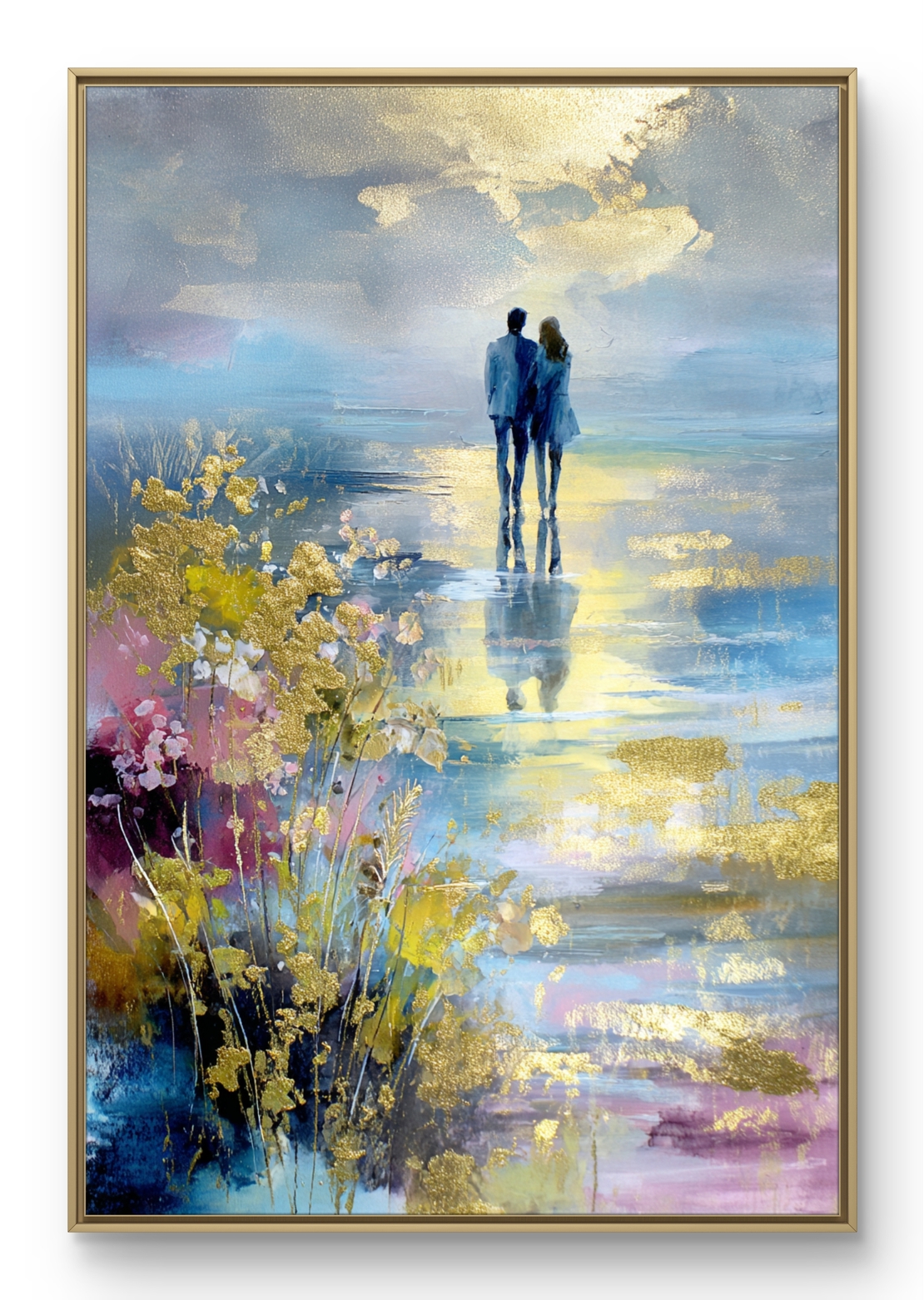 תמונת קנבס אומנותית של זוג עומד מול מים ושמיים בגוונים כחולים וזהב עם מראה ציורי ועדין