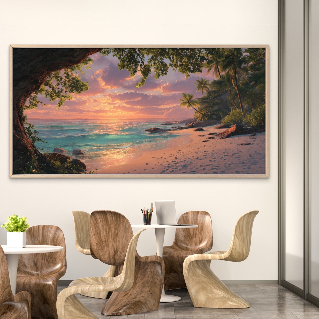 תמונת קנבס לרוחב של חוף טרופי בשקיעה עם עצי קוקוס, גלים וצבעי זהב וטורקיז – NEXTGEN BY BAR