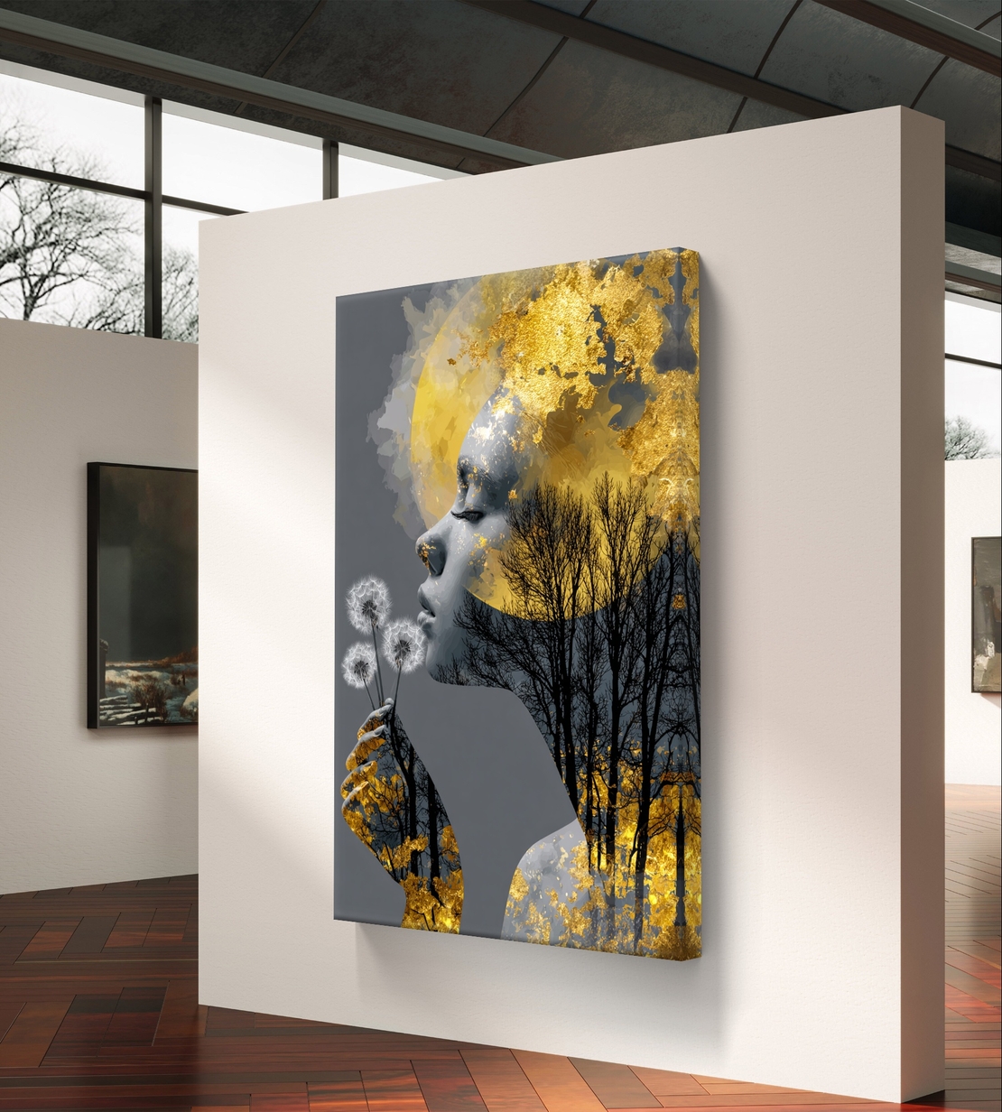 תמונת קנבס אומנותית של אישה עם נגיעות זהב, עצים ופרח, בעיצוב רגשי ומודרני